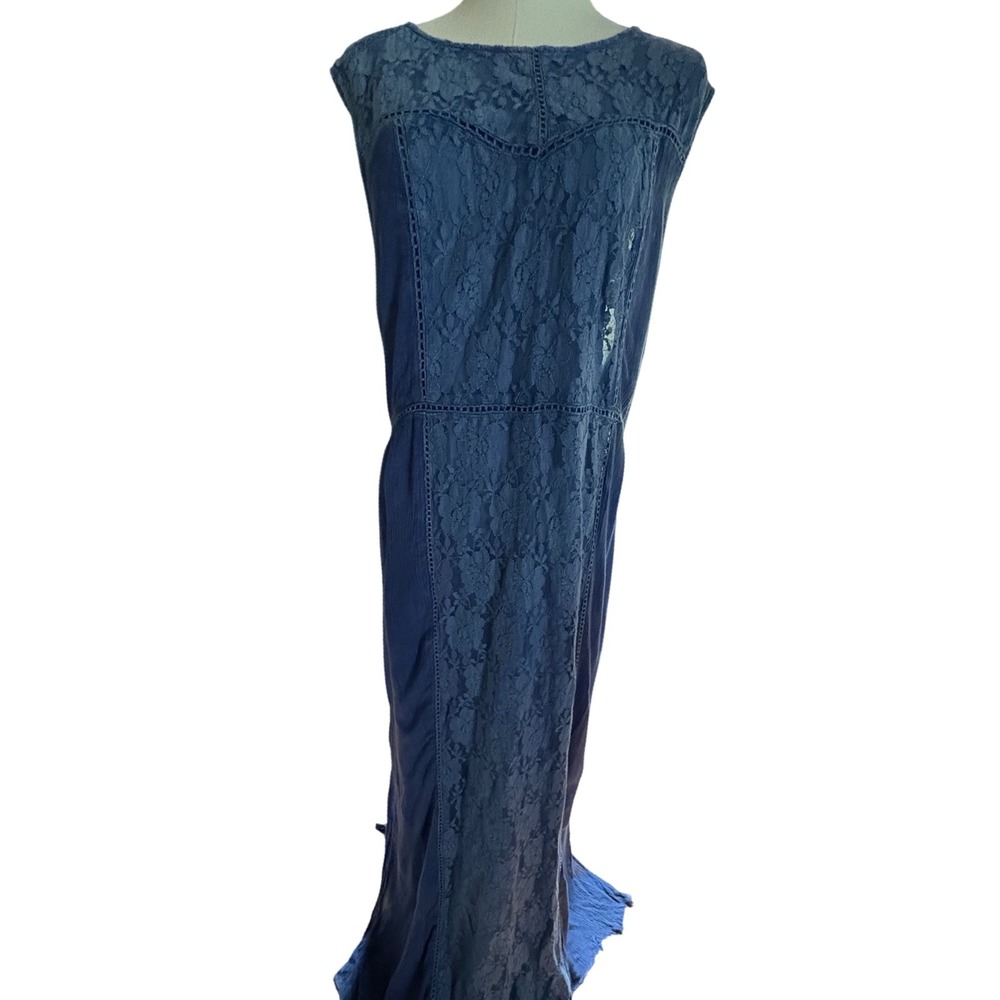 Indigo Thread Co Blue Lace Sleeveless Maxi Dress Crochet Trim 2X NEW